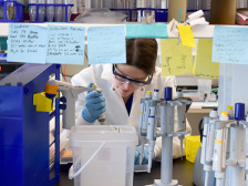 researcher surrounded by pipettes and post-it notes