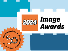 2024 Image Awards poster designed to look like a lego box with an orange sticker with a big "50"