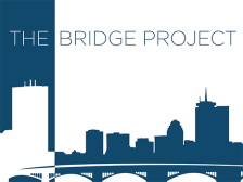 Boston city skyline with the text "the bridge project"