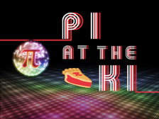 Text: Pi at the KI. Image: pie and a disco ball with the pi symbol on them.