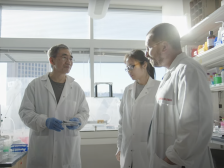 Three scientists conversing in a sunlit lab
