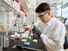 researcher pipetting at a lab bench